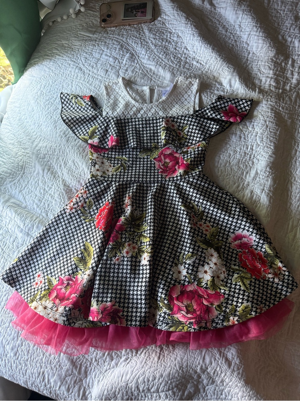 Beautees White Lace Girls Dress with Floral Houndstooth Accents